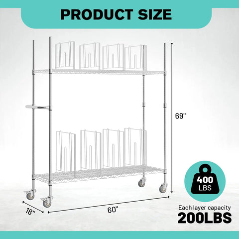 No Sweat Setup Heavy Duty Wire Cart Smooth Rolling 2 Tier Cardboard Box Storage Rack with dimensions 69" height, 60" width, 18" depth.
