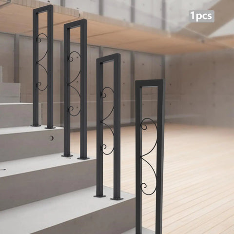 Rock Solid Heavy Duty U Shaped Stair Handrail For Steps Indoor Outdoor Decorative Metal Railing featuring black steel design on steps.