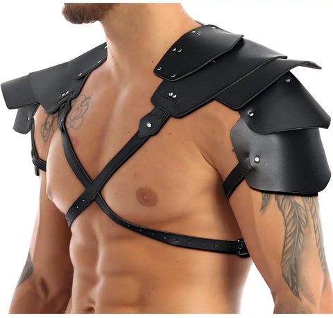 Men's Medieval Harness Armor Set With Adjustable PU Leather Shoulder Pauldrons And Chest Harness For Cosplay Halloween LARP