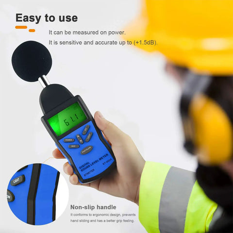 Person holding Digital Decibel Meter For Home Studio And Workplace With High Precision 30 To 130 DBA A Weighting And C Weighting