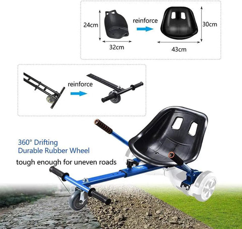 Seat Attachment Go Kart For Hoverboard Dope Conversion Turns Self Balancing Scooter Into A Safe, Stable Ride For Kids And Adults, Fits 6.5, 8 And 10 Inch Hoverboards Blue X2 Pack featuring reinforced seat and rubber wheel on grass and dirt