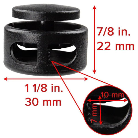 Close-up of Beefy Extra Large Spring Loaded Plastic Two Hole Cord Locks For Up To Three Eighths Inch Bungee Cord with dimensions labeled.