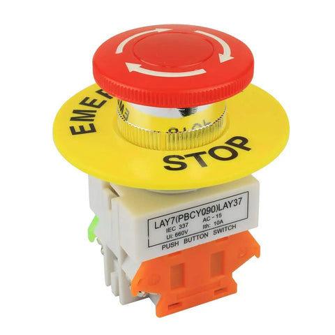 Emergency Stop Push Button Switch 660V 10A Red Mushroom Cap 1NO 1NC DPST Latching Self Lock with 22mm mount and yellow base