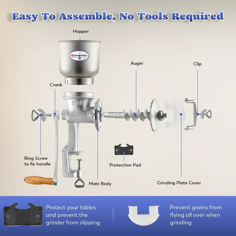 Cast Iron Manual Grain Mill Hand Grinder With Large Hopper easy assembly diagram for corn, barley, wheat berries, coffee, chickpeas.