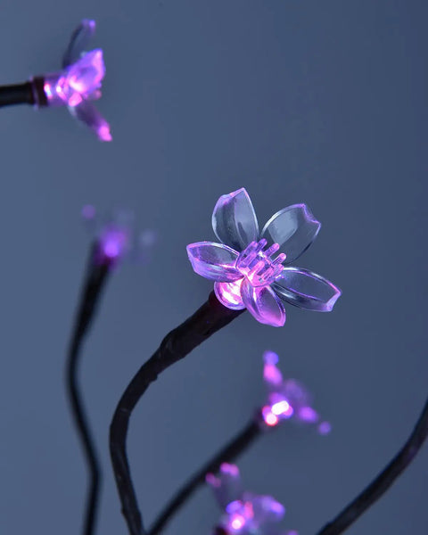 Close-up of 18 Inch Cherry Blossom Bonsai Tree With 48 RGB LED Lights Remote 16 Color Changing Modes, purple LED lights glowing