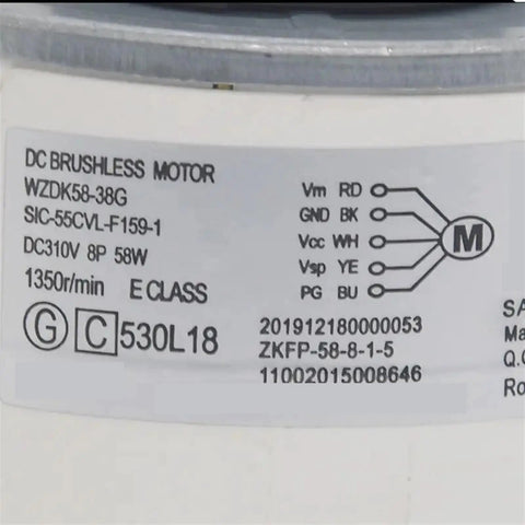 Label details of Midea DC Fan Motor Replacement WZDK58 38G DC 310V 58W Brushless Motor For Air Conditioner Repair Parts