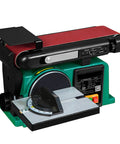 Shop Grade 550W Desktop Belt Sander Featuring Rock Solid Cast Iron Base And Zero To Forty Five Degree Adjustable Workbench, showing adjustable table and sanding belt.