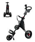 Ultra Lightweight Aluminum 3 Wheel Golf Push Cart With Quad Fold Frame shown folded and unfolded view