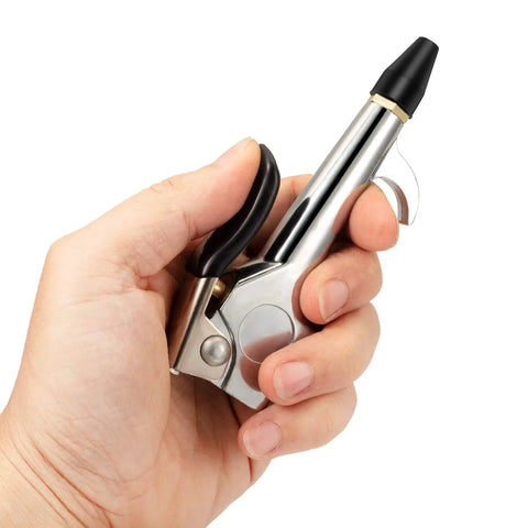 Hand holding 4 Piece 1/4 NPT Lever Blow Gun Set With Rubber Tip And Safety Nozzles For Dust Cleaning, Pro Grade Heavy-Duty Aluminum Air Blower Tool For Home Shop Garage And Industrial Use, Durable, Rust-Resistant, Easy Squeeze Control, Black