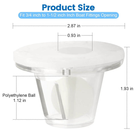 Dimensions of self bailing boat scupper drain valve ball universal fit for three quarters inch to one and one half inch openings