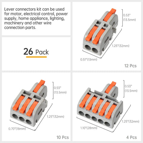 26-Piece Compact Splice Wire Connector Kit For 2, 3, And 5 Circuit Inline Splices, 24-12 AWG Gray Insulated Connectors Set