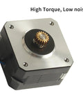 Front view of FYSETC Neptune3 Pro Nema 17 stepper motor with brass gear on shaft, metal mounting plate, blue/red wires.