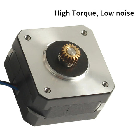 Front view of FYSETC Neptune3 Pro Nema 17 stepper motor with brass gear on shaft, metal mounting plate, blue/red wires.