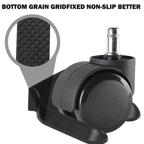Four Pack Rubber Wheel Stops For Furniture No Slip Floor Saver Caster Stoppers To Protect Floors Beds And Chair Legs Fits Small 5cm Casters Easy Install Durable Wheel Stop Pads For Rolling Chairs And Beds featuring close-up of non-slip grid texture and caster installation view