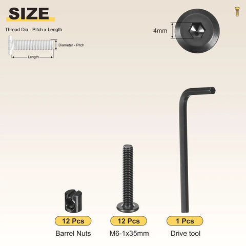 Furniture and Crib Screw Replacement Set with Wrench M6 1x35 24Pcs showing barrel nuts, screws, and wrench for furniture repair