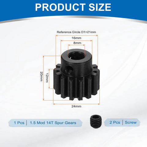 Mod 1.5 14T Pinion Gear 8mm Bore In 1045 Hardened Steel Black Surface 20 Degree Pressure Angle dimensions and features
