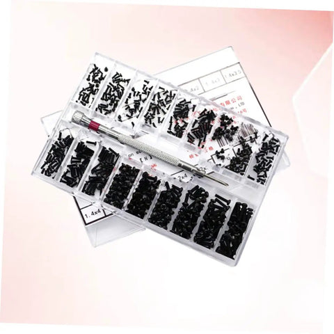 Heavy Duty Small Screw Assortment Kit Featuring 18 Miniature Flat Head Machine Screws Forged From Solid Carbon Steel Inside A Compact Carrying Case.