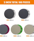 Assorted Grit 3 Inch Pro Grade Silicon Carbide Sanding Discs Set For Wet And Dry Sanding With Hook And Loop Backing Includes 800 1000 2000 3000 And 5000 Grit And One Quarter Inch Shank Pad With Soft Foam Buffer Pad 100 Pieces displayed