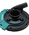 7 Inch Dust Extraction Surface Grinding Shroud With Soft Brushes, 4-Spring Suspension Keeps It Flush Against Surfaces, Slidable Edge Piece For Tight Edges, Standard 1-7/16 Inch Vacuum Hose Connection shown in close-up view