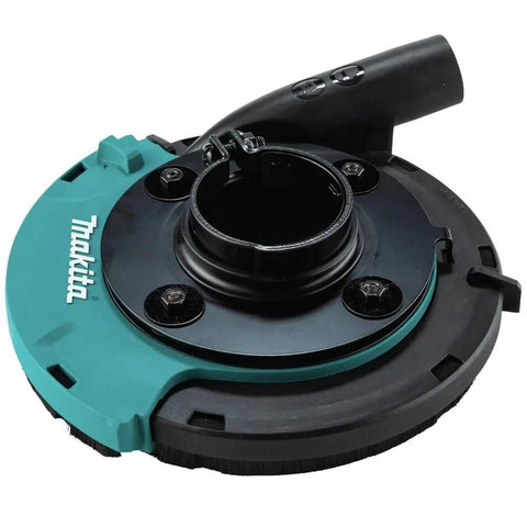 7 Inch Dust Extraction Surface Grinding Shroud With Soft Brushes, 4-Spring Suspension Keeps It Flush Against Surfaces, Slidable Edge Piece For Tight Edges, Standard 1-7/16 Inch Vacuum Hose Connection shown in close-up view