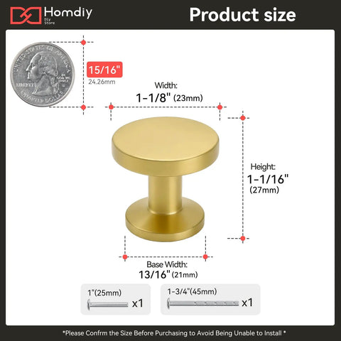 30 Pack Gold Cabinet Knobs And Brushed Brass Drawer Pulls With A Sleek Round Shape Made From Heavy Duty Zinc Alloy shown with size details.