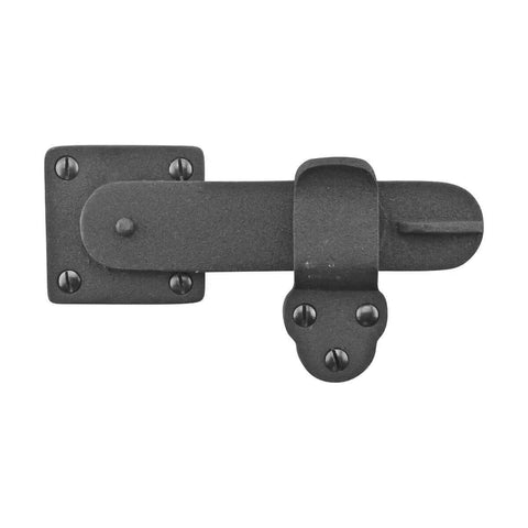 Front view of Five And Three Quarters Inch Black Wrought Iron Barn Door Latch Tough As Nails With Mounting Hardware Heavy Duty Gate Lock