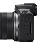 Side view of R50 APSC Mirrorless Camera Kit With 18 To 45mm Lens, 4K Video, Dual Pixel AF II, Vari Angle Touchscreen, mic port visible