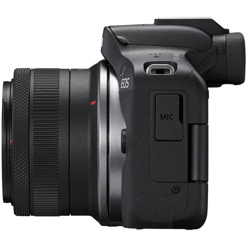 Side view of R50 APSC Mirrorless Camera Kit With 18 To 45mm Lens, 4K Video, Dual Pixel AF II, Vari Angle Touchscreen, mic port visible