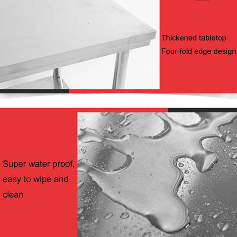 Heavy Duty 304 Stainless Steel Work Table With Adjustable Height And Removable Top For Commercial Kitchen Or Shop Space showing thickened waterproof surface.