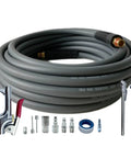 Lightweight Hybrid Air Compressor Hose One Quarter Inch By Thirty Feet With Flex Friendly Bend Restrictors And Thirteen Piece Accessory Kit, gray tube and brass fittings