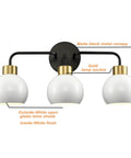 Three Light Bathroom Vanity Light With White Shade In Black Finish Wall Mount Vanity Fixture For Over Mirror Modern Bath Lighting