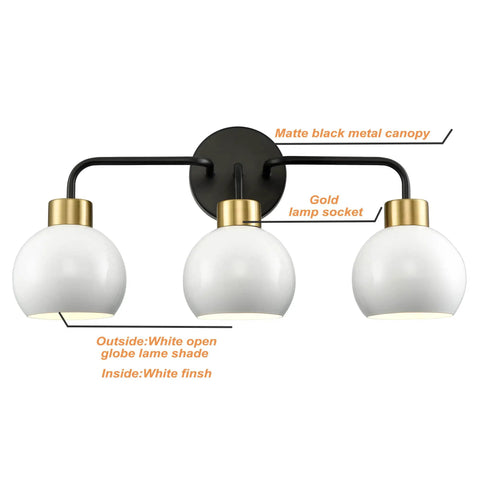 Three Light Bathroom Vanity Light With White Shade In Black Finish Wall Mount Vanity Fixture For Over Mirror Modern Bath Lighting