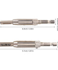 Kick It Up A Notch With This 4pc Self Centering Door Hinge Drill Bit Set Featuring Steel Carbide Tips And Reinforced Guide Sleeve For Smooth Woodworking And Window Replacements That Cut The Wobble. Image showing two drill bits, one 8.9cm and one 9.7cm, made of steel.