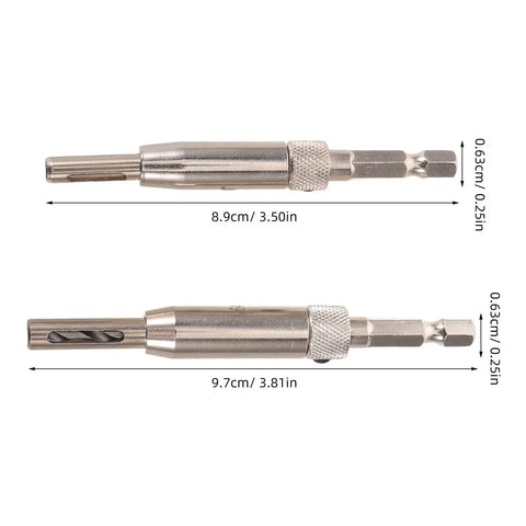 Kick It Up A Notch With This 4pc Self Centering Door Hinge Drill Bit Set Featuring Steel Carbide Tips And Reinforced Guide Sleeve For Smooth Woodworking And Window Replacements That Cut The Wobble. Image showing two drill bits, one 8.9cm and one 9.7cm, made of steel.