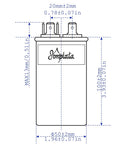 Dimensions diagram of 30uF CBB65 AC Capacitor for HVAC, pool pumps, condenser fans, and motor start, 370V-450V, 50/60Hz, 5% tolerance