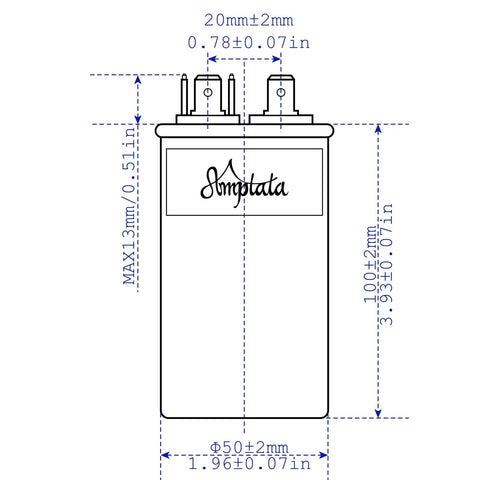 Dimensions diagram of 30uF CBB65 AC Capacitor for HVAC, pool pumps, condenser fans, and motor start, 370V-450V, 50/60Hz, 5% tolerance