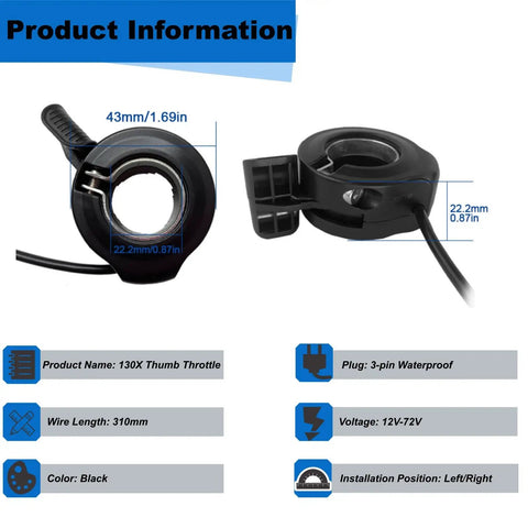 Upgraded Ebike Thumb Throttle 130X Waterproof 3 Pin Connector For 12V To 72V Controllers Universal Fit Easy Install Left Or Right On 22.2 Millimeter Handlebars Speed Control Accelerator For Electric Bike And Scooter Conversions