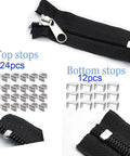 12 Pack Zipper Pull Replacement Kit Size 5 With Locking Sliders Top And Bottom Stops For Coats And Jackets On Metal Plastic And Nylon Coil Zippers Quick Fix, showing top and bottom stops and slider close-ups.