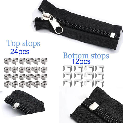 12 Pack Zipper Pull Replacement Kit Size 5 With Locking Sliders Top And Bottom Stops For Coats And Jackets On Metal Plastic And Nylon Coil Zippers Quick Fix, showing top and bottom stops and slider close-ups.