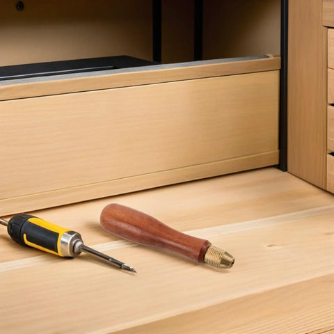 Ditch That Wobbly Grip With This Premium Wood File Handle And Brass Collet Set designed for quick 1/8 to 9/64 needle file swaps on a wooden surface.