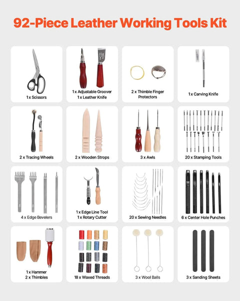 All In One Leather Craft Tool Kit 92 Piece Set With Portable Storage Bag Includes Engraving Punching Sewing Stamping Sanding Tools