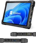 Rock Solid Rugged Tablet Running Windows 11 With IP67 Waterproof Body Packing A Bright 10 Inch Screen, showing ports and rugged design.