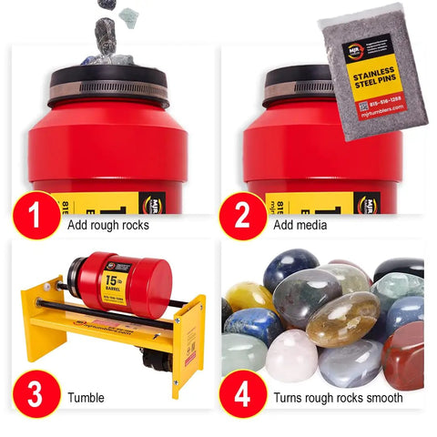 Single Barrel Rotary Brass Tumbler With Stainless Steel Pins For Rock Polishing with red barrel and polished stones