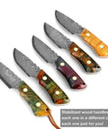 Set of Beast Damascus Steel Survival Knife with colorful wood handles, showing the Damascus-style high carbon stainless steel blades.