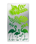 Heavy Duty Metal Flamingo And Butterfly Cutting Template Four By Seven Inches reusable stencil showing flamingos and plants.