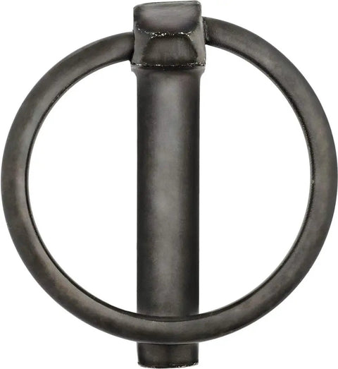 Heavy Duty 7/16 Inch OD X 2-1/2 Inch Long Black Lynch Pins With Split Rings Five Pack close-up view of pin for secure hitches and tie downs