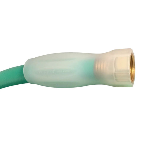 Close-up of Five Eighth Inch By Fifty Foot Heavy Duty Five Ply Forever Garden Hose with Guard N Grip Connector and brass coupling.