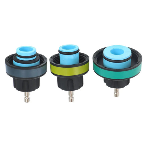 Color coded adapters for Heavy Duty 18 Piece Radiator Pressure Tester And Coolant Purge Refill Vacuum Kit, showing three pieces.