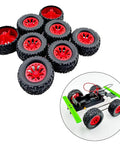 Beefed-Up 8 Pack RC Car Wheels With Rubber Tires And Metal Axles For DIY Model Builds, red and black wheels on white background