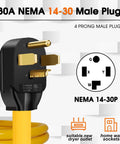 Hassle Free Plug And Charge Your Electric Ride With This Nema 14-30P To 14-50R Ev Charger Adapter Cord For Smooth Level Two Power Transfer On Any Modern Dryer Outlet Ten Foot Etl Certified Cable showcasing a 30A NEMA 14-30 male plug with gold prongs.